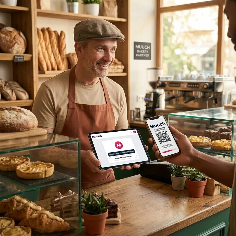 Comercio canjeando la tarjeta digital de un cliente en una panadería